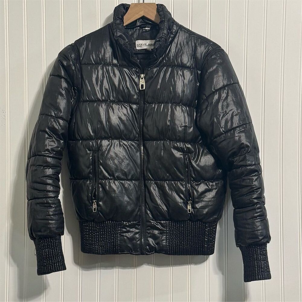 Steve Madden Convertible Puffer Jacket Vest M Black Shiny Wet Look Y2K 90s Cyber